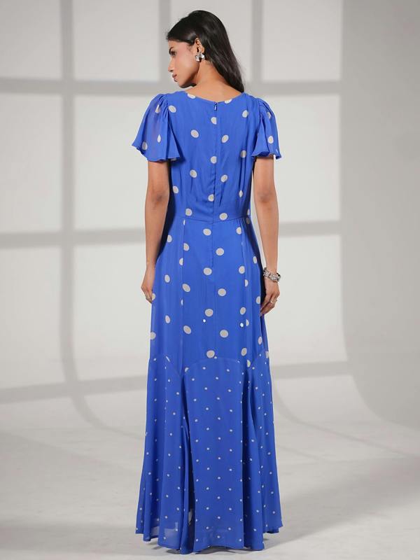Rose & Nancy Joanna Blue And White Polka Dot Print Frill Sleeve Maxi Dress