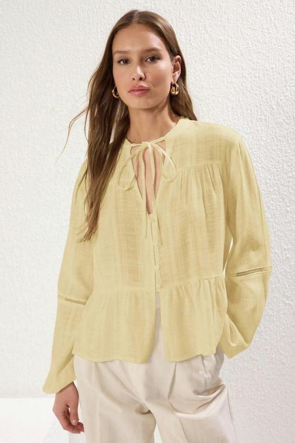 Hoxton Gal Cotton-Textured Regular Fit Woven Shirt with Lace Sleeve Detail
