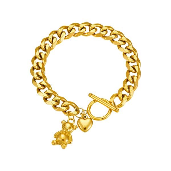 Serafina Teddy Bracelet - 18K Gold Plated Stainless Steel Teddy Bear & Heart Charm Bracelet