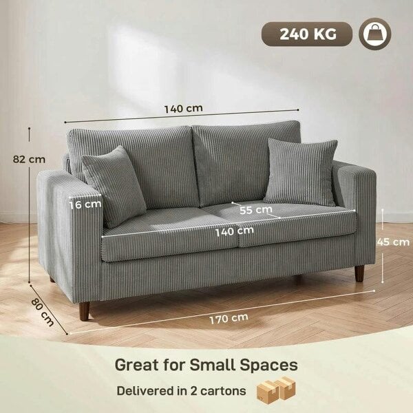 Loveseat Sofa with Wide Seat, Corduroy 2 Seater Couch with Deep Seat, Spring Cushion, Light Grey