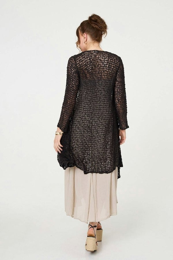 Black | Crochet Knit Longline Waterfall Cardigan
