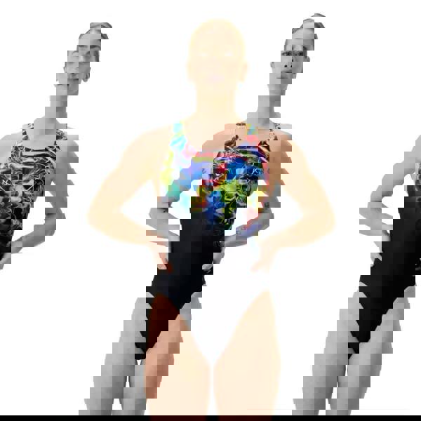 Speedo club training printed powerback swimsuit in black with colorful lightning bolts