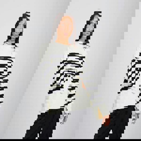 Brave Soul Ivory Striped Loose Fit Jumper with Wide Sleeves - Ivory Image 1