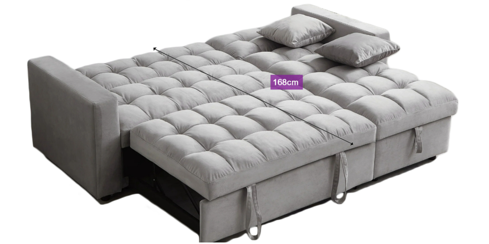 SQUAREBOXX Madrid Velvet 3 Seater Pullout Sofa Bed in Grey with Reversible Storage Chaise