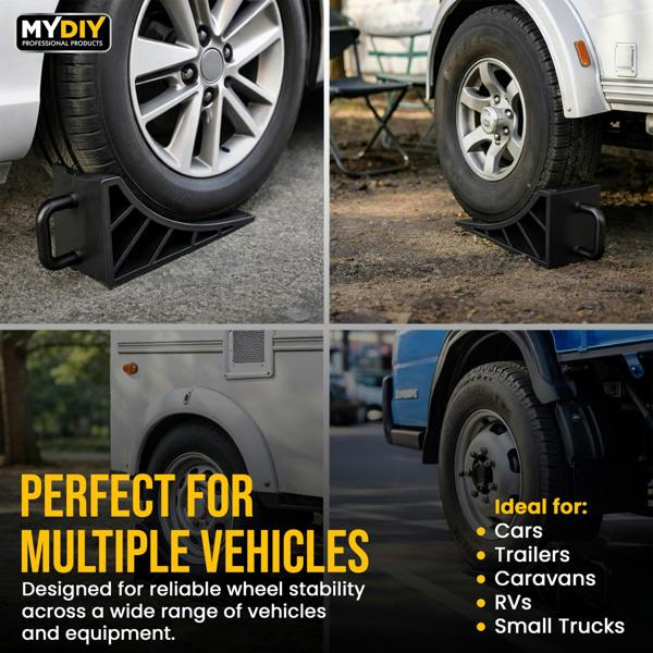 MY DIY PROFESSIONAL PRODUCTS MY DIY Wheel Chock 2-Piece Set - Heavy Duty Anti-Slip Wheel Chocks with & Easy-Grip Handle for Cars, Caravans & Trailers