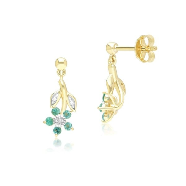 Gemondo Floral Emerald & Diamond Drop Earrings in 9ct Yellow Gold