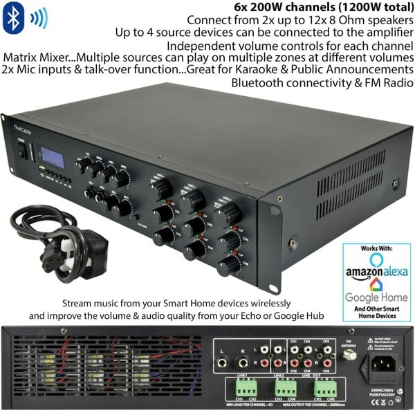 1200W Bluetooth Sound System 12x 200W White Wall Speaker 6 Zone Matrix Amplifier
