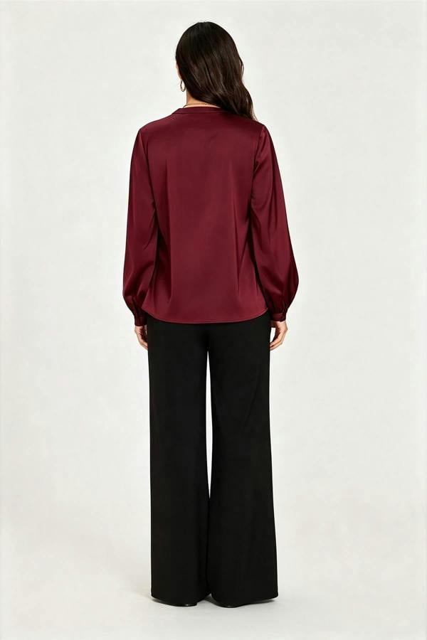 FS Collection Long Sleeve Satin Blouse Top In Wine