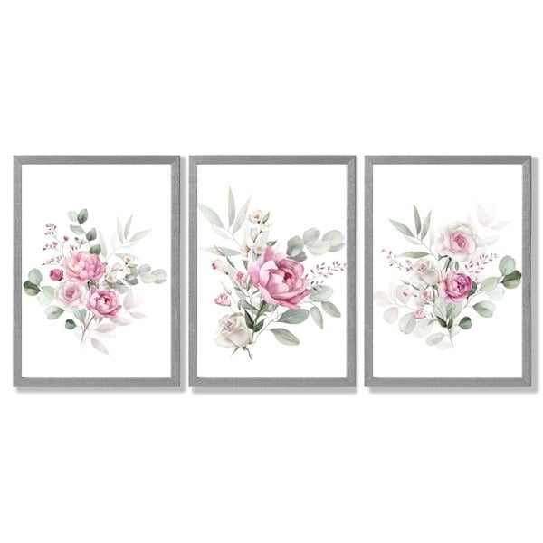 Set of 3 Pink Roses with Eucalyptus Bouquets Framed Art Prints with Light Grey Wooden Frames