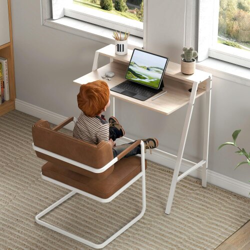 Wyld Haus Dodosu 84cm Wooden White And Oak Compact Writing Desk With Storage Shelf