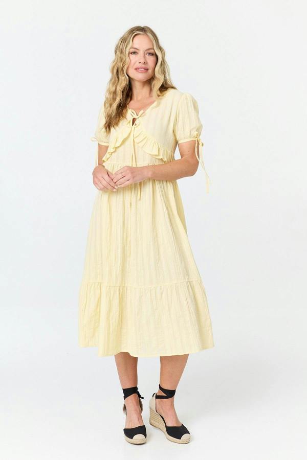 Yellow | Ruffle Front Short Sleeve Midi Dress
