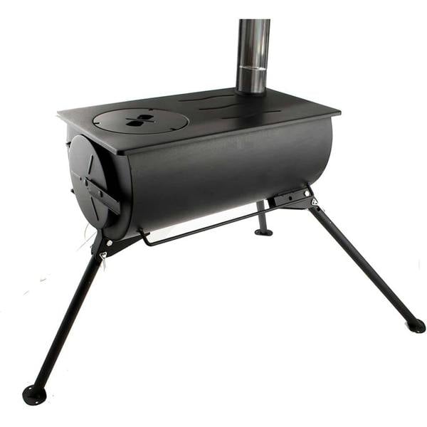 Black metal wood stove with legs on a white background