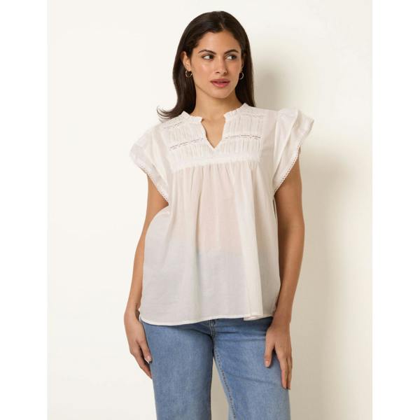 Blue Vanilla Cotton Embroidery Detail Ruffle Sleeve Top