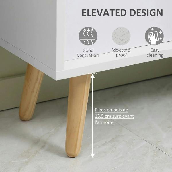 White cabinet base with light wood legs under a freestanding 4-cube storage unit