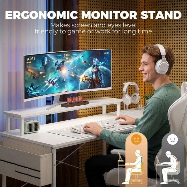 L Shaped Gaming Desk Reversible Power Outlets Corner Desk Storage Drawers Monitor Shelf 150 cm White