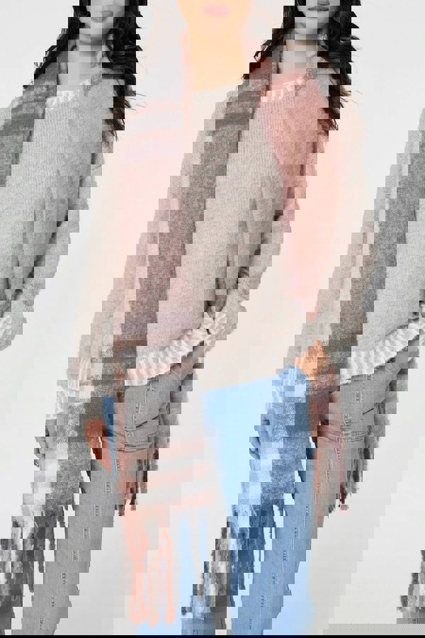 Pink | Checked Print Fringed Oversize Scarf
