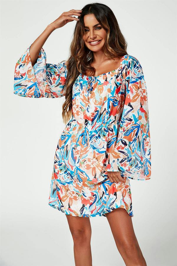 FS Collection Flute Sleeve Bardot Dress With Tie Detail In Orange