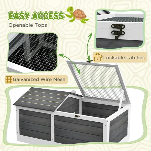 Dark grey reptile shelter with openable hinged top, galvanized wire mesh, and latch
