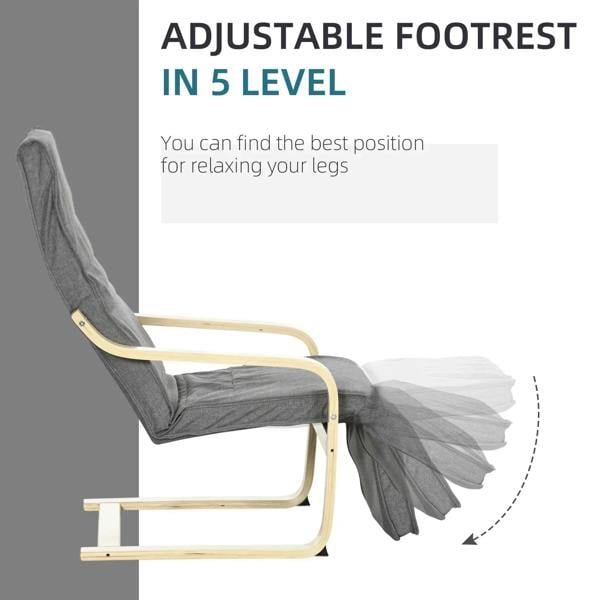 Dark grey lounge chair with adjustable footrest and light wood arm supports