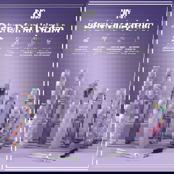 Several lilac water bottles, varying in size and design, are displayed on a purple surface. They feature various patterns including flowers, hedgehogs, fairies, and unicorns. Accompanying text promotes the brand "ION8" and highlights material choices, sizes, and designs.