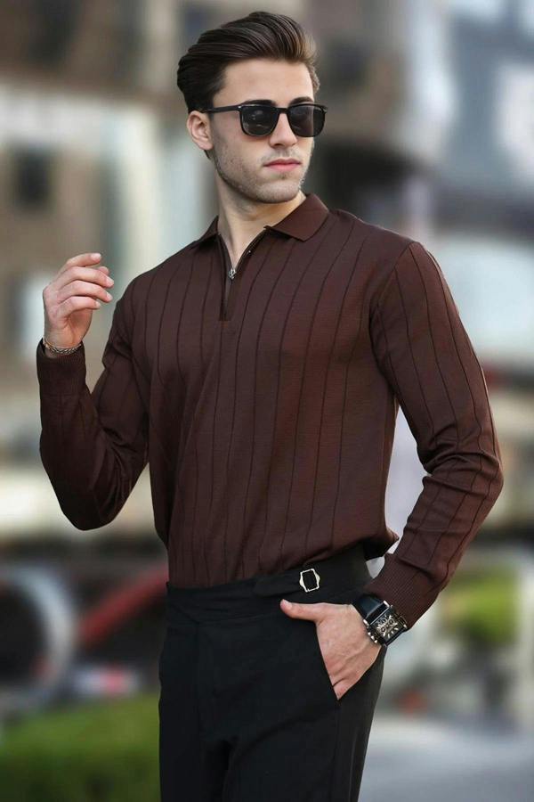 WOVCOR Polo Collar Zippered Knit Men's Sweater
