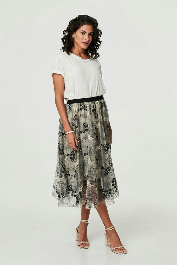 Beige | Printed A-Line Midi Skirt
