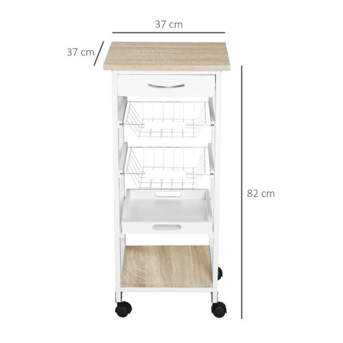 Wyld Haus Dini Wooden White Mobile Kitchen Trolley With Baskets Shelves And Wheels