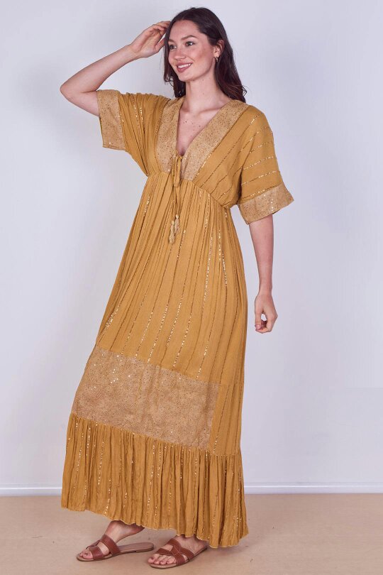 Boho Sequin Swirl Embroidered Maxi Dress