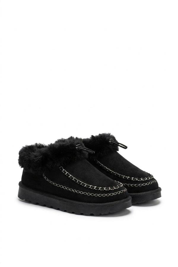 Kessia Faux Suede Fluffy Lined Ankle Boots With Stitch Detail - Khaki_wb