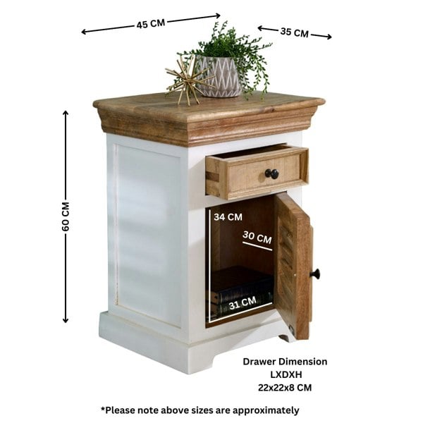 IH Design Milano Solid Mango Wood White Bedside Cabinet with 1 Darwer & 1 Door