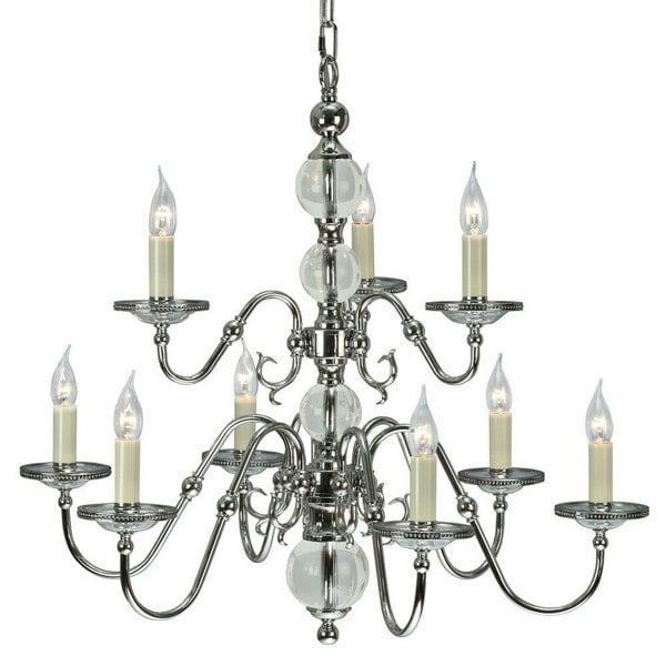 Flemish Ceiling Pendant Chandelier Polished Nickel & Crystal Curved 9 Lamp Light Loops