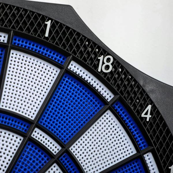Blue and white dartboard scoring segments with numbered rings on black bezel