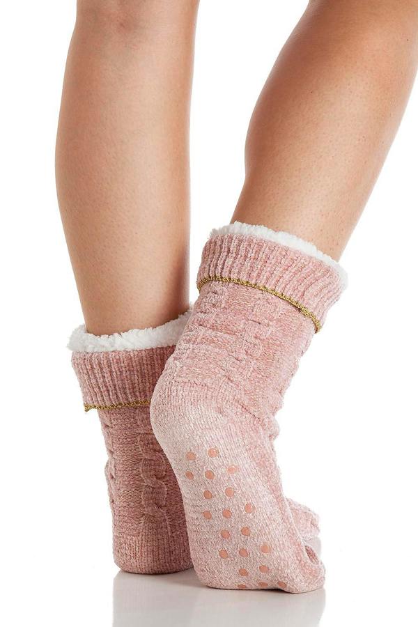 Ladies Chenille Cable Lurex Slipper Sock