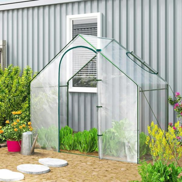 Clear mini greenhouse with steel frame and transparent PVC walls; side window and open view