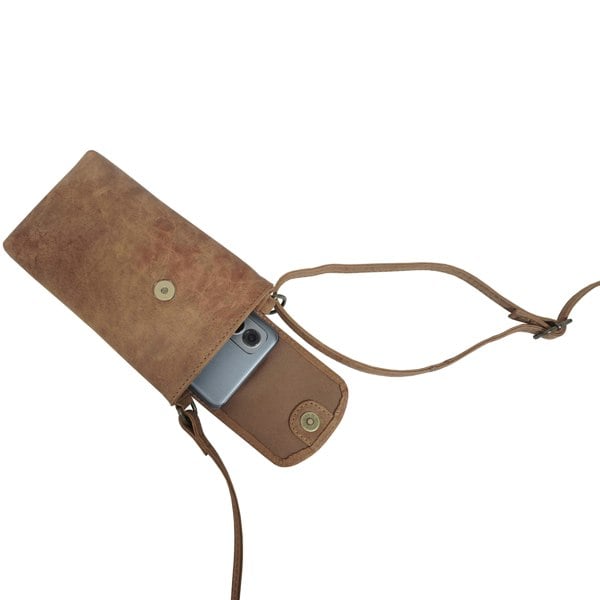 Real Hide Bags 'THEA' Tan Distressed Real Leather Mobile Phone Crossbody Bag