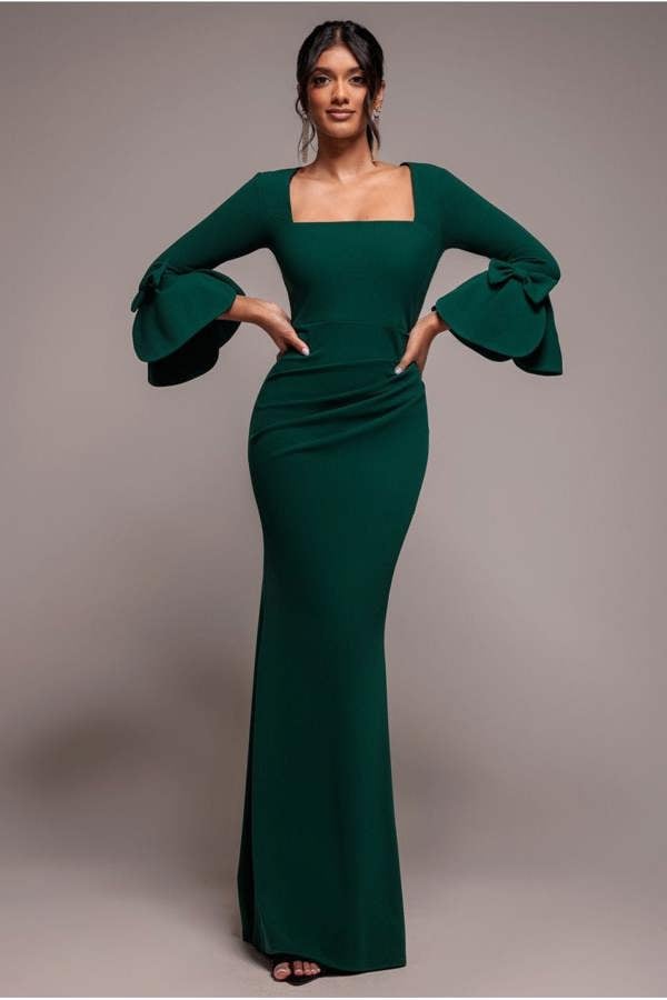 Petal Bow Sleeve Frill Maxi Dress - Emerald Green DR4767