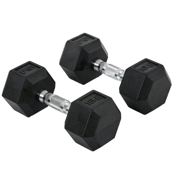 Black hex rubber dumbbells set with chrome knurled handles and 10kg heads