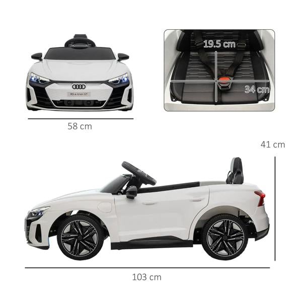 White kids electric ride-on car side view with size and under-seat detail
