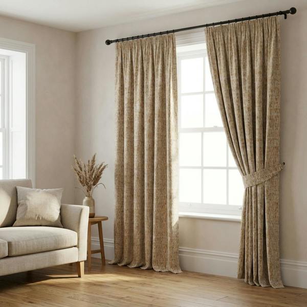 Bobbi made-to-measure curtains in Ochre, styled in a living room