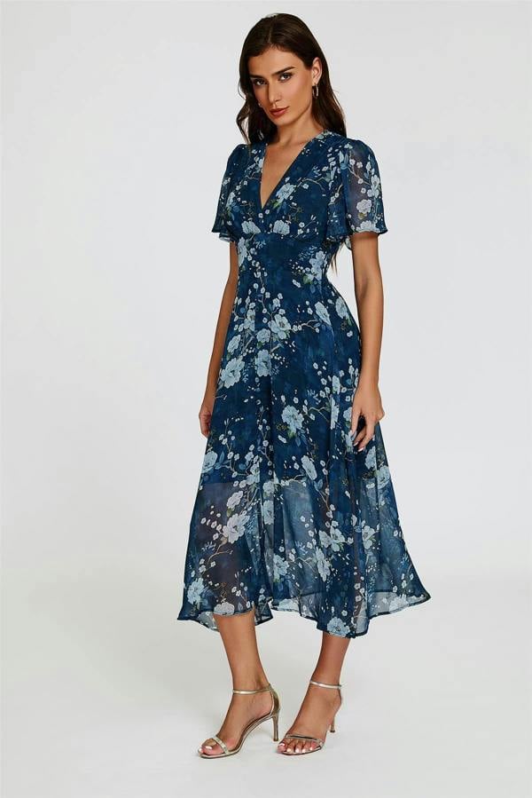 FS Collection Floral Print Midi V neckline Dress In Navy