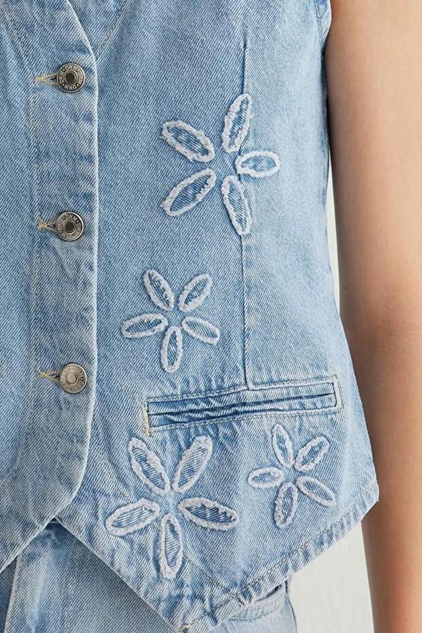 WOVCOR Floral Embroidered V-Neck Denim Vest