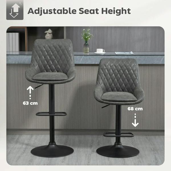 Adjustable-height dark grey bar stool with quilted back, swivel seat, and round base