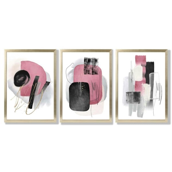 Set of 3 Abstract Black and Pink Watercolour Framed Art Prints with Gold Wood Frames