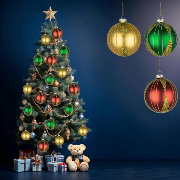 8cm Christmas Baubles 12 Pack in Red, Gold and Green Glass with Assorted Festive Designs image 3