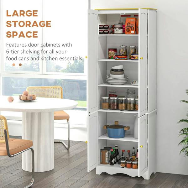 White freestanding cabinet with open doors and stacked shelves for kitchen storage