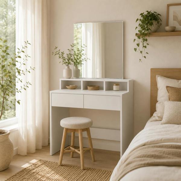 Wyld Haus Linora Roso White Dressing Table With LED Mirror And Built In Storage