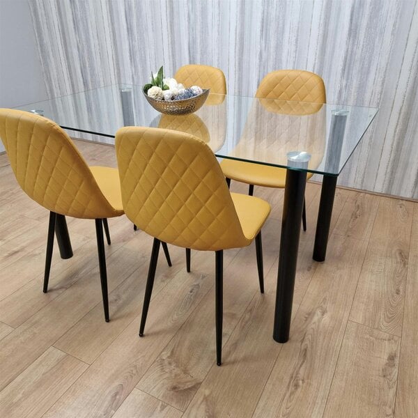 Kosy Koala Glass Dining Table with 4 Mustard Chairs Dining Room Dining Table set for 4