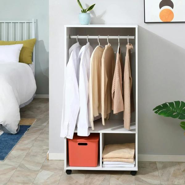 White mobile wardrobe with hanging rail, open cubbies, and orange storage box