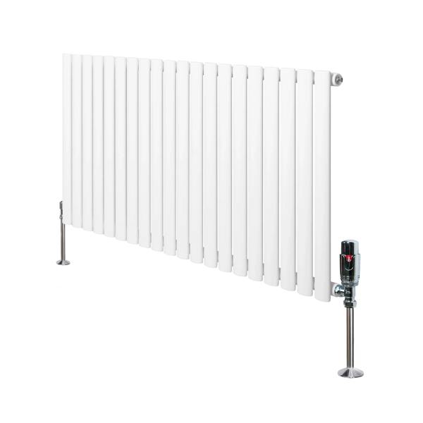 Oval single column radiator in white, 600mm x 1200mm, featuring sleek vertical panels and modern valves for efficient heating