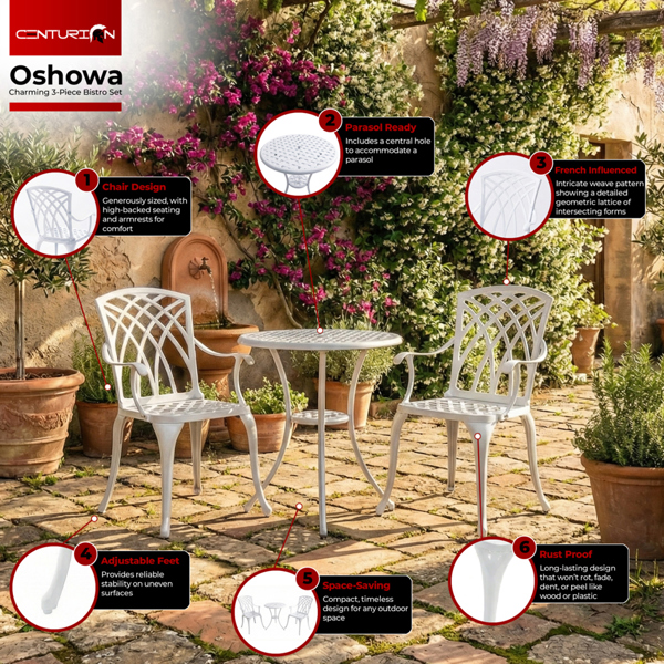 Centurion Supports OSHOWA Luxurious Garden and Patio Table and 2 Large Chairs with Armrests Cast Aluminium Bistro Set - White